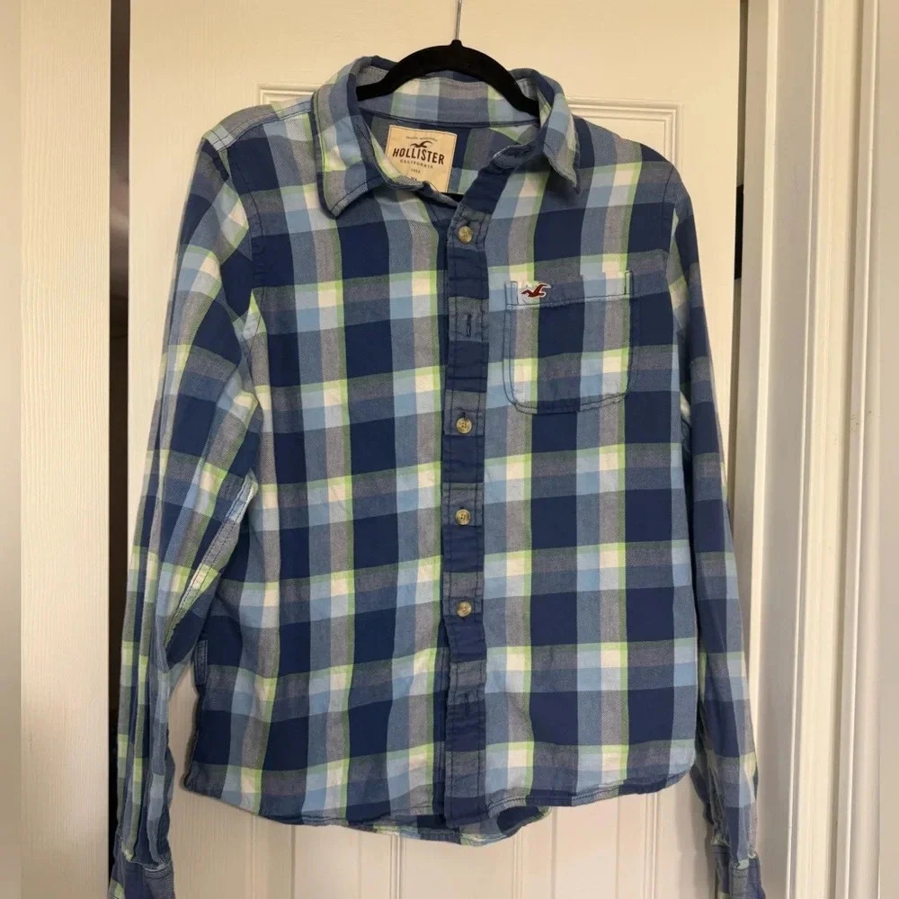 Hollister Men's Twill Shirt Size Xl Plaid Blue Button Up Long Sleeve Top